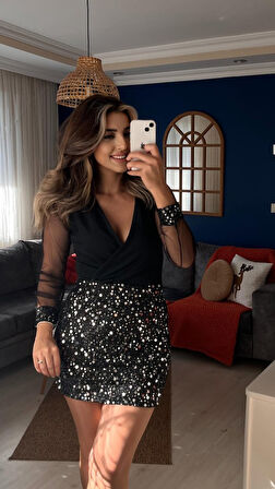 TUA MODA Kadın Uzun Kollu V Yakalı üst Krep Alt Payet Kısa Elbise
