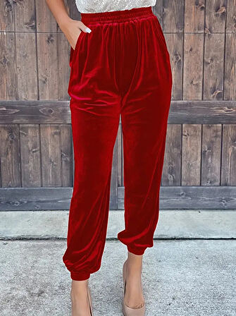 TUA MODA Kadın Beli Lastikli Yüksek Bel Cep Detay Kadife Pantolon