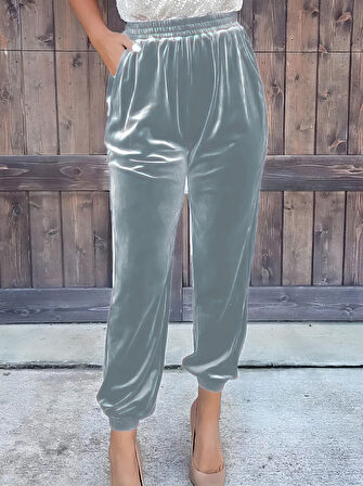 TUA MODA Kadın Beli Lastikli Yüksek Bel Cep Detay Kadife Pantolon