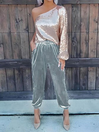 TUA MODA Kadın Beli Lastikli Yüksek Bel Cep Detay Kadife Pantolon
