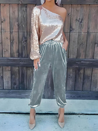 TUA MODA Kadın Beli Lastikli Yüksek Bel Cep Detay Kadife Pantolon