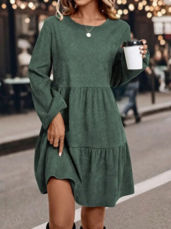 TUA MODA Kadın Uzun Kollu Kol Ucu Lastikli Süet Mini Boy Elbise