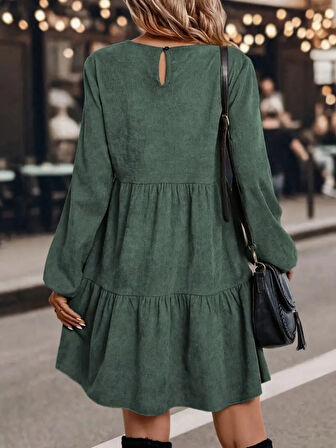 TUA MODA Kadın Uzun Kollu Kol Ucu Lastikli Süet Mini Boy Elbise