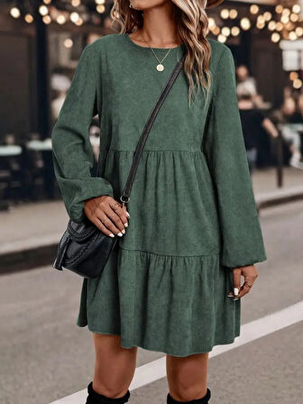 TUA MODA Kadın Uzun Kollu Kol Ucu Lastikli Süet Mini Boy Elbise