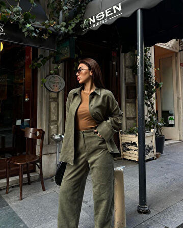 TUA MODA Süet Gömlek Palazzo Pantolon İkili Takım - Haki