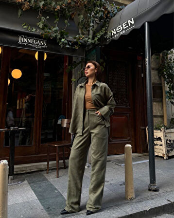 TUA MODA Süet Gömlek Palazzo Pantolon İkili Takım - Haki