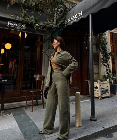 TUA MODA Süet Gömlek Palazzo Pantolon İkili Takım - Haki