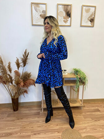 TUA MODA Kadın Uzun Kollu Kruvaze Yaka Belden Kuşaklı Leopar Desenli Dalgıç Elbise