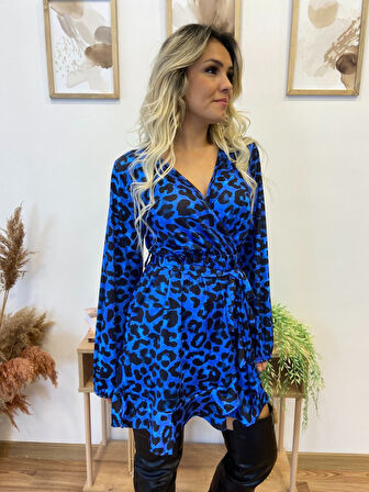 TUA MODA Kadın Uzun Kollu Kruvaze Yaka Belden Kuşaklı Leopar Desenli Dalgıç Elbise