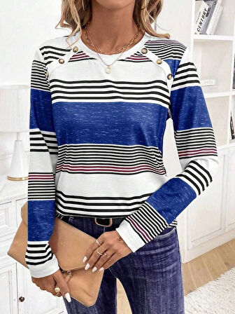TUA MODA Kadın Uzun Kollu Bisiklet Yaka Düğme Detaylı Desenli Süprem Bluz