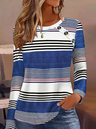 TUA MODA Kadın Uzun Kollu Bisiklet Yaka Düğme Detaylı Desenli Süprem Bluz