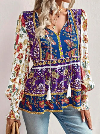 TUA MODA Kadın Uzun Kollu Yakası Açık Bağcıklı çiçek Desenli Salaş Bluz
