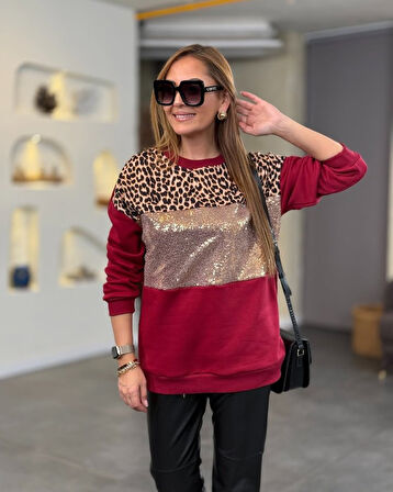 TUA MODA Kadın üç Iplik şardonlu Kumaş Leopar Desenli Bluz