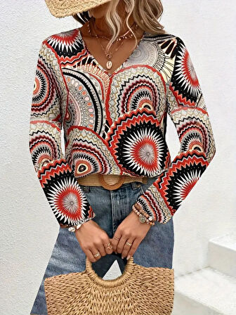 TUA MODA Kadın Uzun Kollu V Yakalı Desenli Süprem Bluz