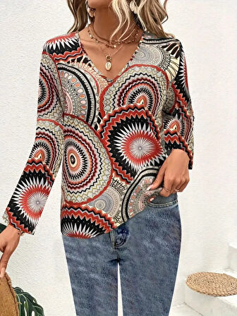 TUA MODA Kadın Uzun Kollu V Yakalı Desenli Süprem Bluz