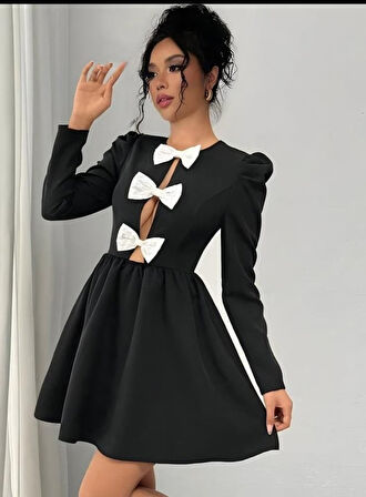 TUA MODA Kadın Dalgıç Kumaş Fiyonk Detaylı Uzun Kollu Mini Boy Elbise