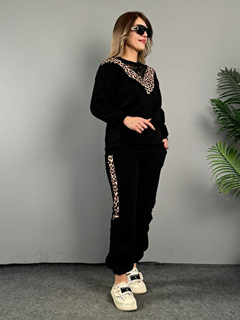 TUA MODA Kadın üç Iplik Kumaş Leopar Desenli Dantel Detaylı Ikili Takım
