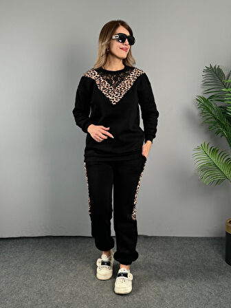 TUA MODA Kadın üç Iplik Kumaş Leopar Desenli Dantel Detaylı Ikili Takım