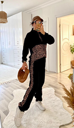 TUA MODA Kadın Uzun Kollu Leopar Detay Sweat Ve Yanı Leopar şerit Detay Pantolon Ikili Takım