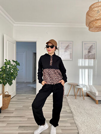 TUA MODA Kadın Uzun Kollu Leopar Detay Sweat Ve Yanı Leopar şerit Detay Pantolon Ikili Takım