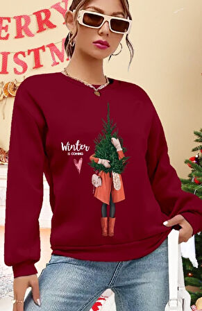 TUA MODA Kadın Uzun Kollu Bisiklet Yaka Desenli Viskon Iki Iplik Bluz