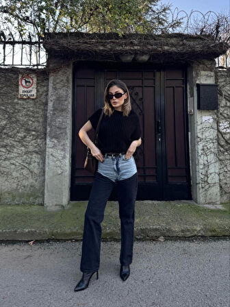 TUA MODA Jeans Kot Parçalı Palazzo Pantolon - Siyah