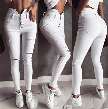 TUA MODA 5 Düğmeli V Detay Bel Yırtık Kot