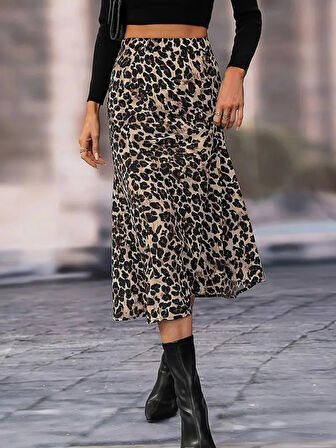 TUA MODA Kadın Yüksek Bel Leopar Desenli Midi Krep Etek