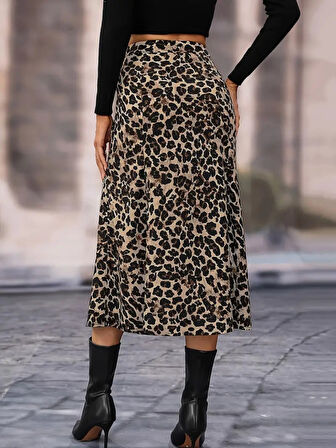 TUA MODA Kadın Yüksek Bel Leopar Desenli Midi Krep Etek