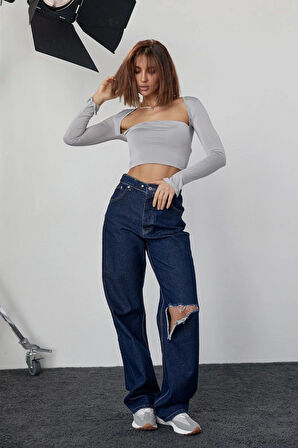 TUA MODA Kara Yaka Uzun Kollu Crop - Taş