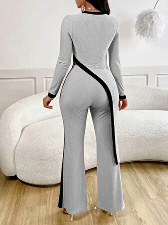 TUA MODA Kadın Uzun Kollu Bisiklet Yaka Asimetrik Kesim Bluz şardonlu Kaşkorse Bluz Ve Pantolon Ikili Takım