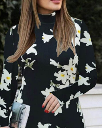 TUA MODA Kadın Balıkçı Yaka Uzun Kollu çiçek Desenli Krep Elbise