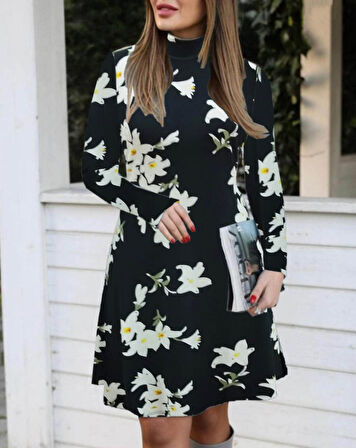 TUA MODA Kadın Balıkçı Yaka Uzun Kollu çiçek Desenli Krep Elbise