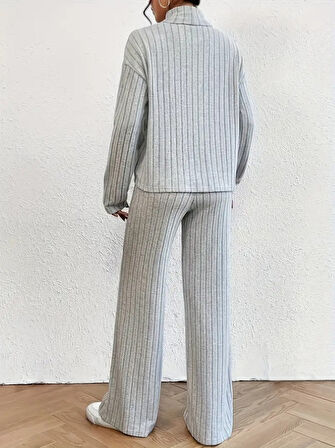 TUA MODA Kadın Uzun Kollu Balıkçı Yaka şardonlu Bluz Ve Pantolon Ikili Takım