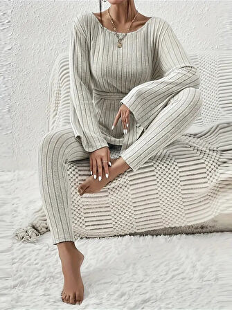 TUA MODA Kadın Uzun Kollu Tek Omuzu Açık Belden Kuşaklı şardonlu Kaşkorse Bluz Ve Tayt Pantolon