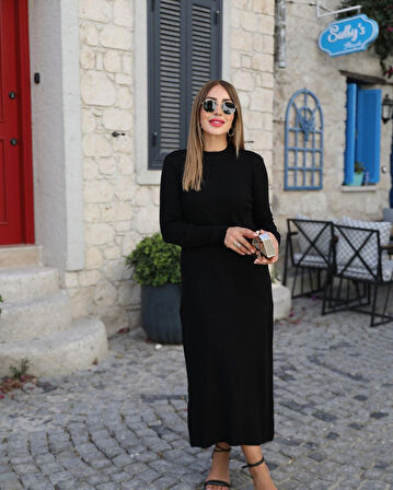 TUA MODA Kadın Uzun Kollu Yarı Balıkçı Yaka Arkadan Pencere Detaylı Bağcıklı Midi Triko Elbise
