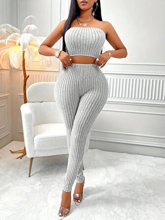 TUA MODA Kadın Uzun Kollu Straplez şardonlu Kaşkorse Bluz önü Düğmeli Ceket Ve Tayt Pantolonlu üçlü Takım