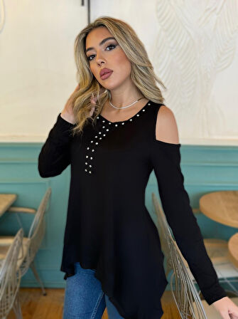 TUA MODA Kadın Uzun Kollu Bisiklet Yaka önü Taşlı Omuzu Açık Etek Ucu Asimetrik Kesim Viskon Bluz