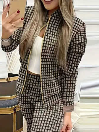 TUA MODA Kadın Uzun Kollu önden Fermuarlı Desenli şardonlu Dalgıç Ceket Ve Pantolon Ikili Takım