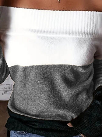 TUA MODA Kadın Uzun Kollu Omuzlardan Açık Uzun Kollu Blok çizgili Triko Bluz