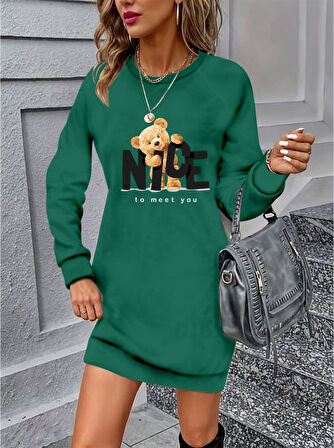 TUA MODA Kadın Uzun Kollu Bisiklet Yaka Ayı Desenli Viskon Iki Iplik Elbise