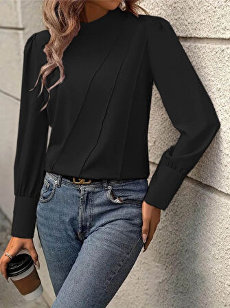 TUA MODA Kadın Uzun Kollu Balıkçı Yaka önden Dikişli Dokuma Bluz