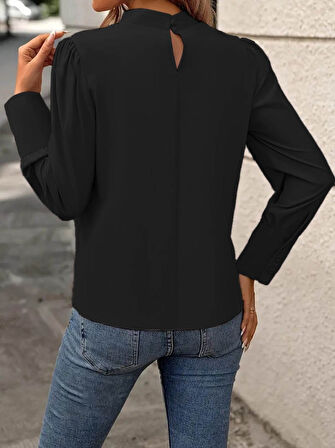 TUA MODA Kadın Uzun Kollu Balıkçı Yaka önden Dikişli Dokuma Bluz