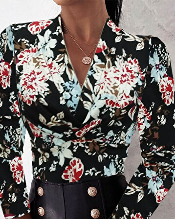 TUA MODA Kadın Uzun Kollu Kruvaze Yakalı Kelebek Desenli şardonlu Dalgıç Bluz
