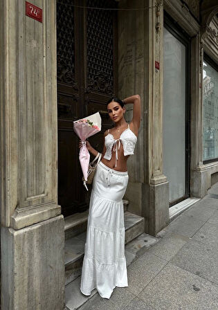 TUA MODA Bağacıklı Uzun Etek - Beyaz