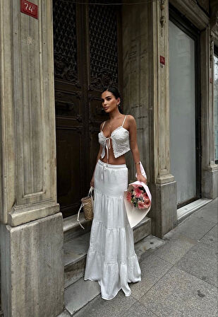 TUA MODA Bağacıklı Uzun Etek - Beyaz