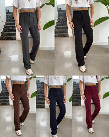 TUA MODA Kadın Yüksek Bel Full Likralı Krep Kumaş Pantolon