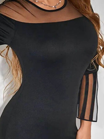 TUA MODA Kadın Uzun şeffaf şerit Kollu Madonna Yaka Vücudu Saran Dalgıç Kısa Elbise