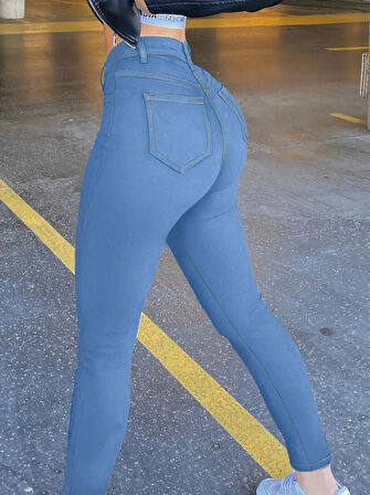 TUA MODA Kadın Yüksek Bel önden Düğmeli Dar Kesim Kot Pantolon