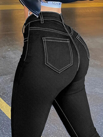 TUA MODA Kadın Yüksek Bel önden Düğmeli Dar Kesim Kot Pantolon